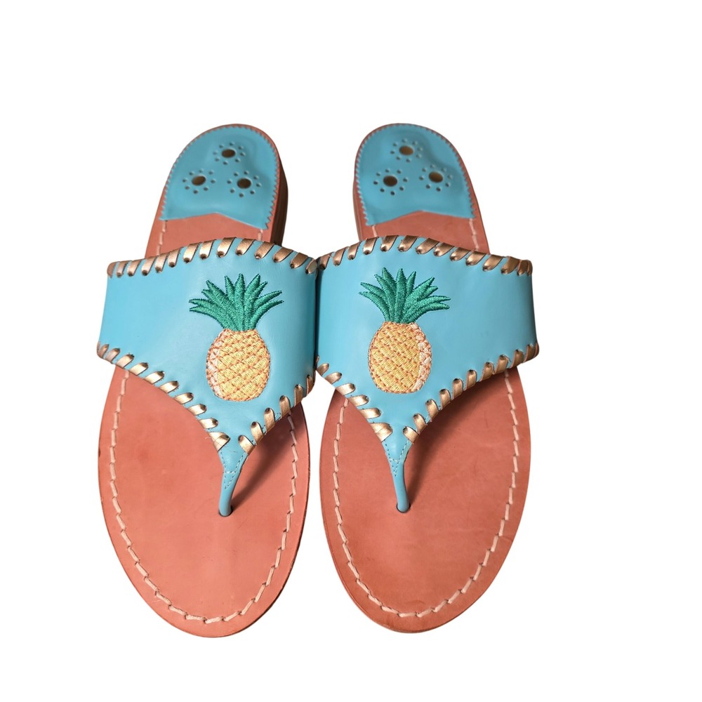 Jack Rogers Pineapple Embroidered Leather Sandals Blue Gold Turquoise Womens 8.5